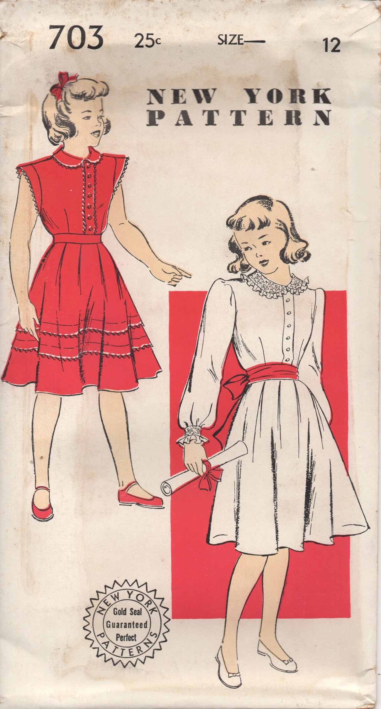 1950's New York Girl's One Piece Dress with Peter Pan Collar & Two Sleeve Lengths - Chest 28" - 703