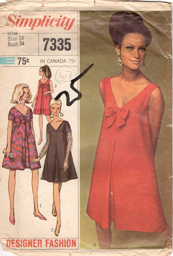 1960's Simplicity A-Line Dress pattern with Pleated Front and Bow detail - Bust 34" - No. 7335