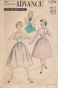 1950's Advance One Piece Dress with Tucked Neckline, Peter Pan Collar & Bolero - Bust 30" - No.7088