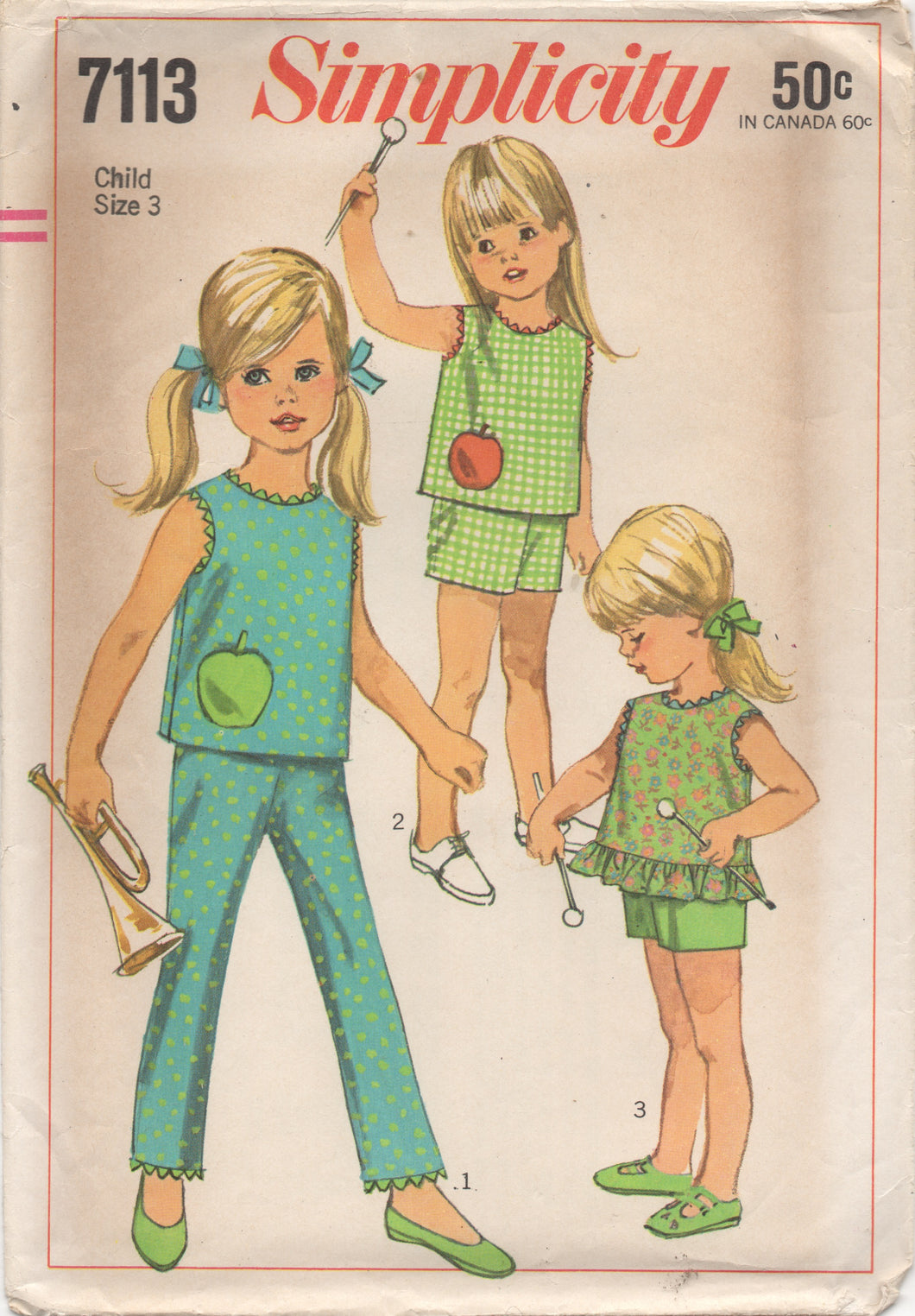 1960's Simplicity Child's Top with Apple Pocket and Pants or Shorts - Size 3 - No. 7113