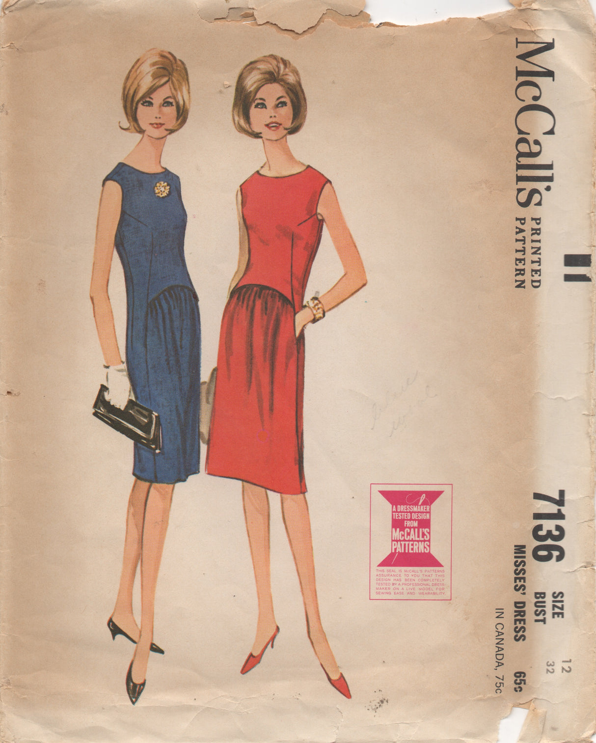 1960's McCall's One Piece Shift Dress with Gathered Waist Dress Pattern - Bust 32" - No. 7136