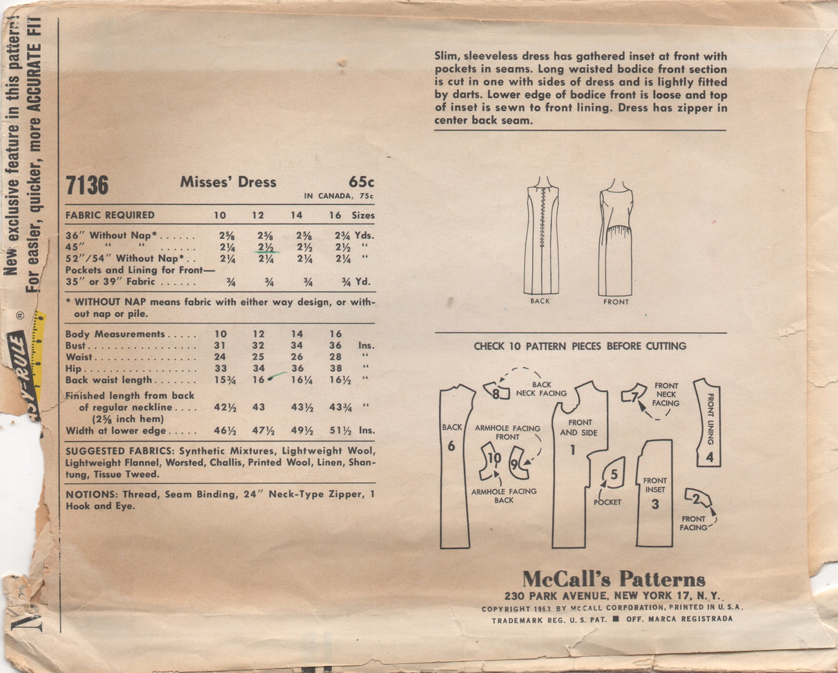 1960's McCall's One Piece Shift Dress with Gathered Waist Dress Pattern - Bust 32" - No. 7136