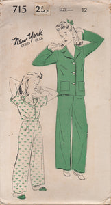1940's New York Girl's Two Piece Pajama Set - Breast 30" - No. 715