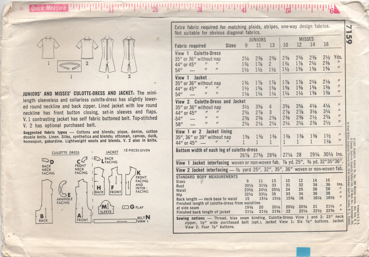 1960's Simplicity Sleeveless Romper and Jacket - Bust 32" - No. 7159