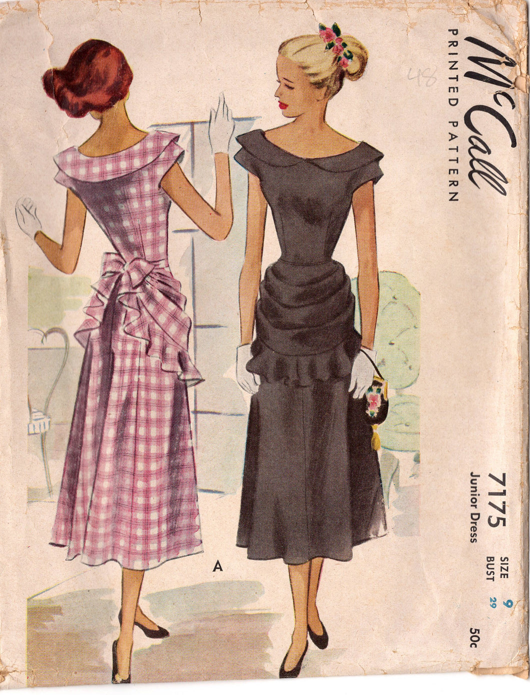 1940's McCall's Juniors Boat Neck Dress Pattern with Large Collar and Pleated Apron Front  - Bust 29
