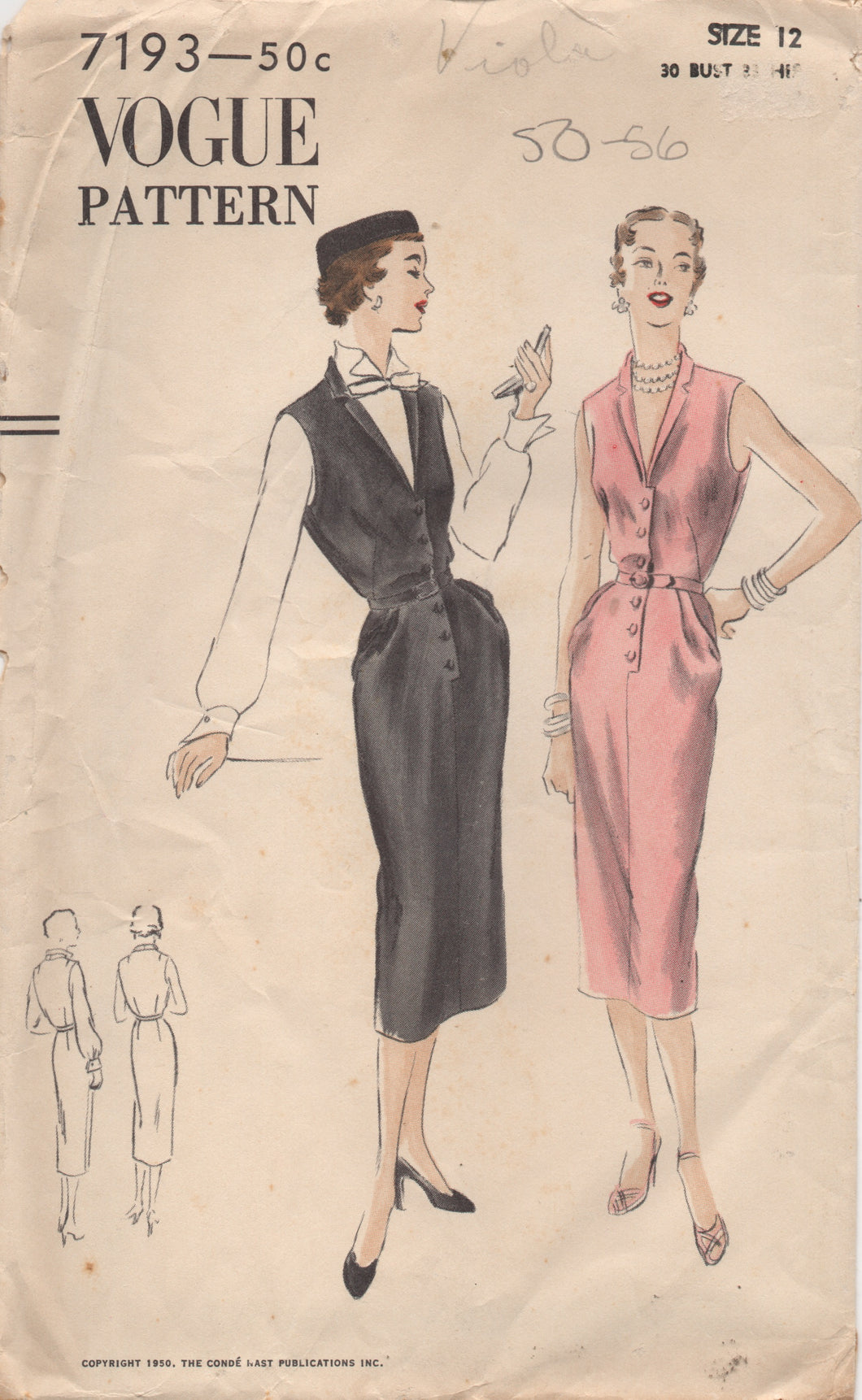 1950's Vogue One Piece Jumper Dress Pattern with Button Front and Soft Pleats - Bust 30