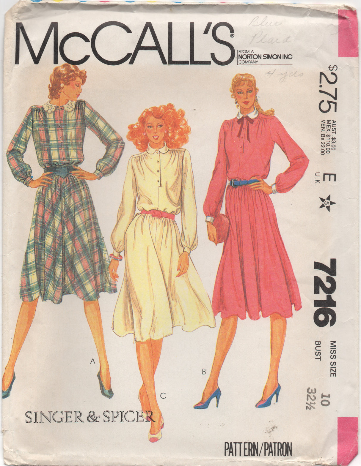 1980's McCall's One Piece Shirtwaist Dress with Peter Pan Collar Pattern - Bust 32.5" - no. 7216