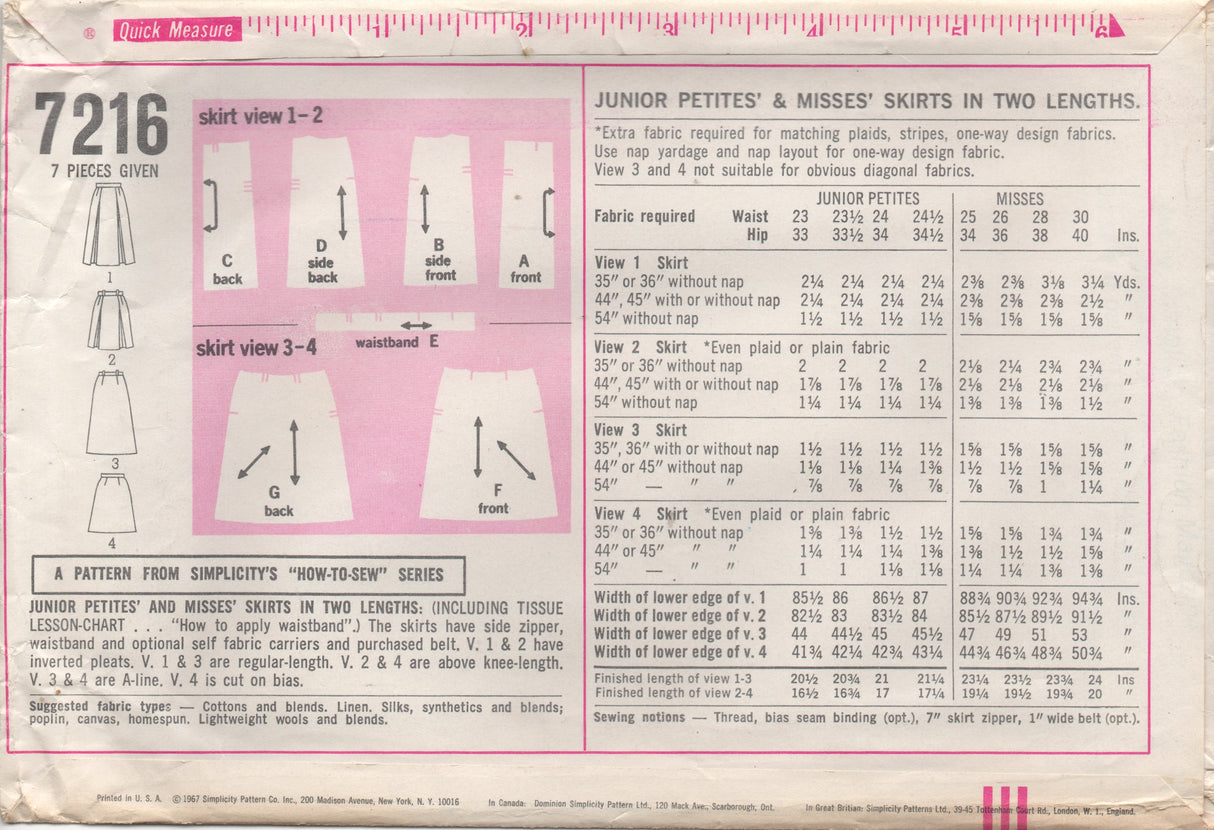 1960's Simplicity How-to-Sew Straight and A-line Pleated Skirt - Waist 30" - No. 7216