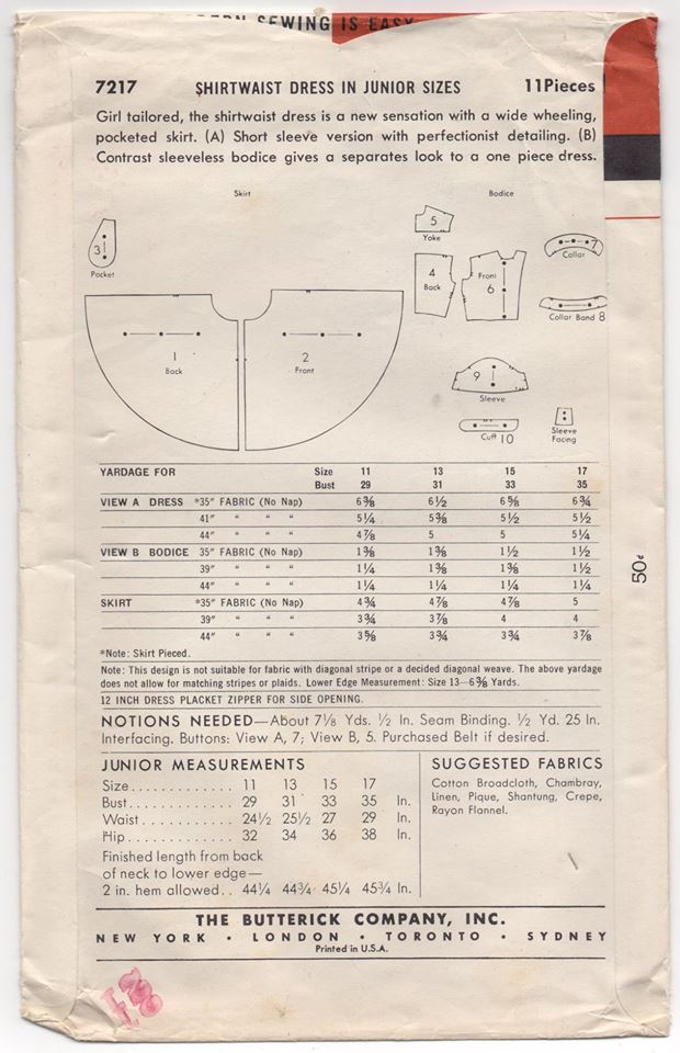 1950's Butterick One Piece Dress with Full Circle Skirt - Bust 31" - No. 7217