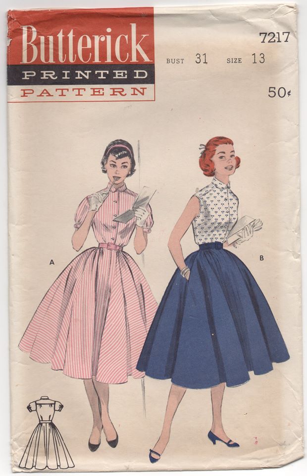 1950's Butterick One Piece Dress with Full Circle Skirt - Bust 31