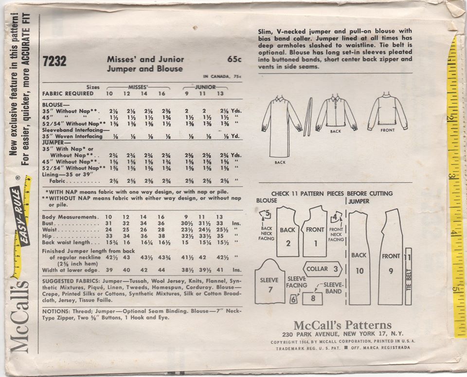 1960's McCall's One Piece Dress and Blouse - Bust 31" - No. 7232