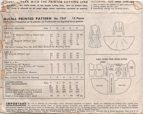 1940's McCall Child's Two Piece Suit with Circle Skirt - Chest 25" - No. 7247