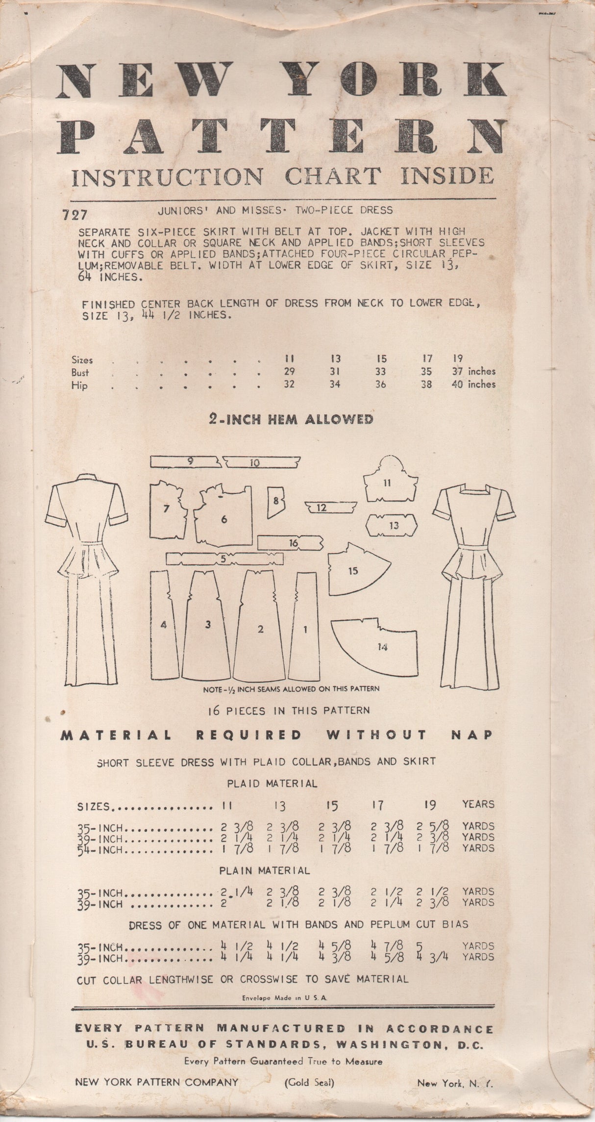 1950's New York Two Piece Dress with 4 piece circular peplum - Bust 31" - No. 727