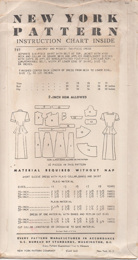 1950's New York Two Piece Dress with 4 piece circular peplum - Bust 31" - No. 727