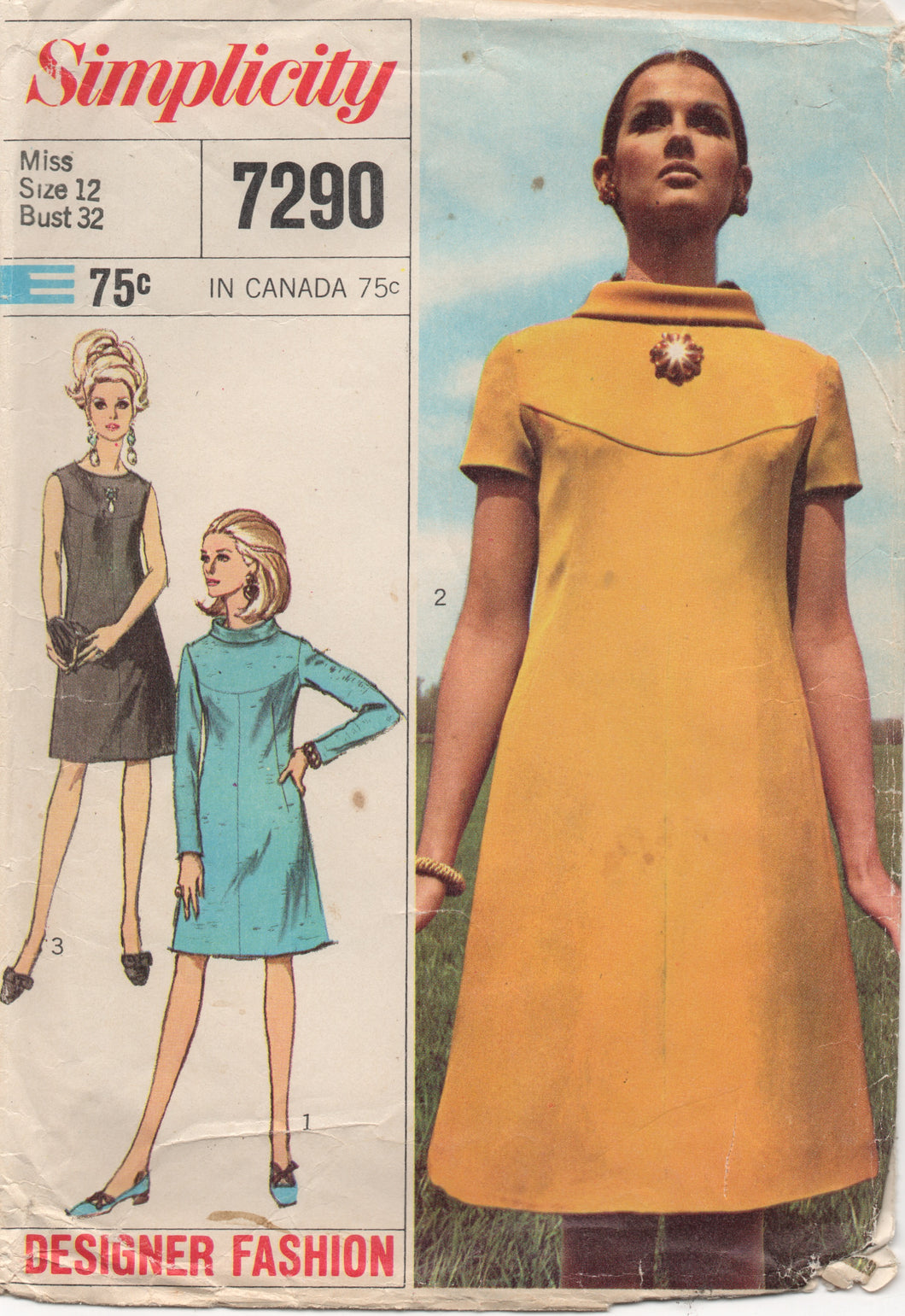 1960's Simplicity Designer One Piece Dress with Rolled Collar Pattern - Bust 32