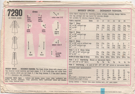 1960's Simplicity Designer One Piece Dress with Rolled Collar Pattern - Bust 32" - No. 7290