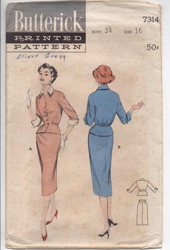 1950's Butterick Two-Piece Dress with Longer Jacket with Bloused Back - Bust 34" - No. 7314