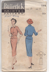 1950's Butterick Two-Piece Dress with Longer Jacket with Bloused Back - Bust 34" - No. 7314