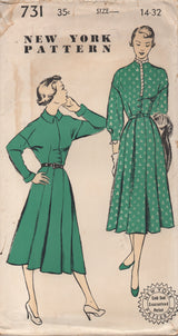 1950's New York One Piece Dress with Dropped shoulders and Long Sleeves - Bust 32" - No. 731