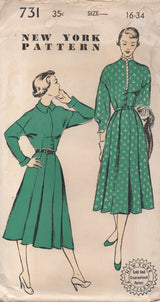 1950's New York One Piece Dress with Dropped shoulders and Long Sleeves - Bust 34" - No. 731