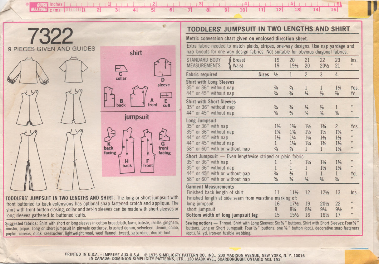 1970's Simplicity Child's Jumpsuit with pockets - Breast 23" - No. 7277