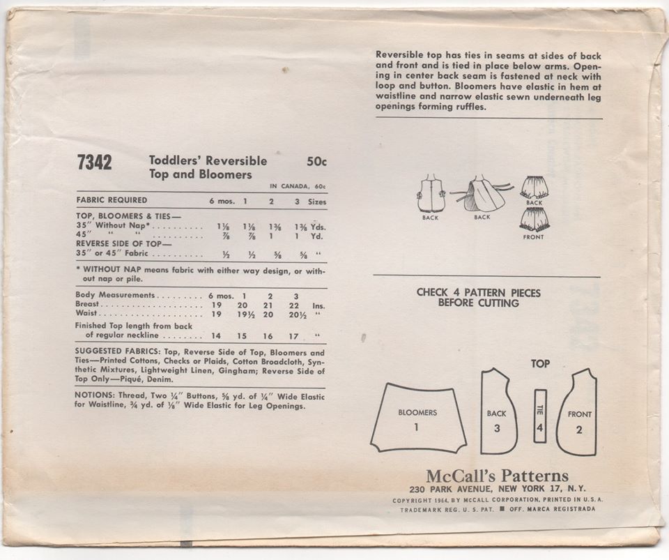 1960's McCall's Child's Reversible Top and Bloomers - Chest 21" - No. 7342