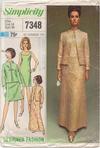 1960's Simplicity Designer One Piece Midi or Maxi Dress with Jacket - Bust 34" - No. 7348