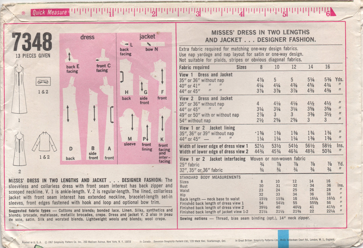 1960's Simplicity Designer One Piece Midi or Maxi Dress with Jacket - Bust 34" - No. 7348