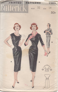 1950's Butterick Slim Fit One-Piece Dress with Cross-over Jacket - Bust 32" - No. 7383