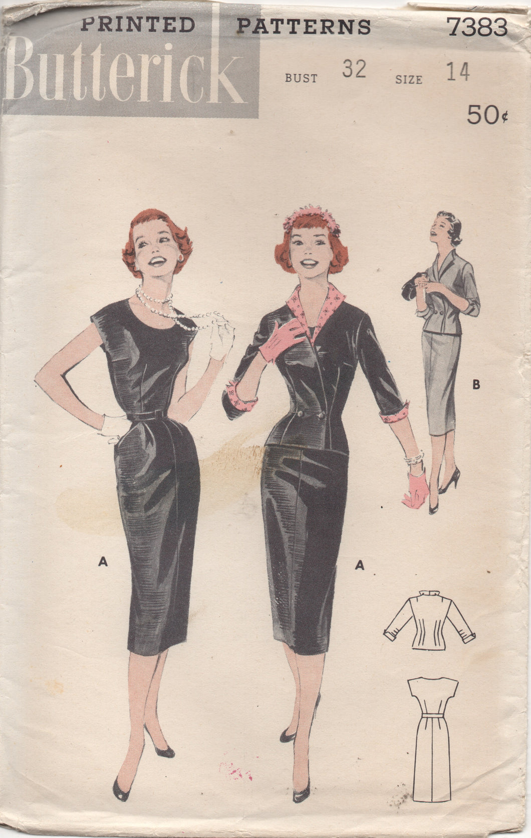 1950's Butterick Slim Fit One-Piece Dress with Cross-over Jacket - Bust 32