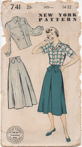 1940's New York Teenage Blouse and Skirt with Front Tie - Bust 32" - No. 741