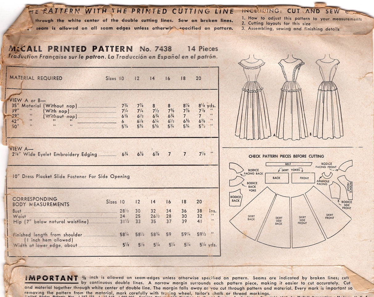 1940's McCall's Evening Dress Pattern with Dropped Shoulder and Gathered Skirt  - Bust 32" - No. 7438