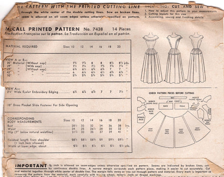 1940's McCall's Evening Dress Pattern with Dropped Shoulder and Gathered Skirt  - Bust 32" - No. 7438