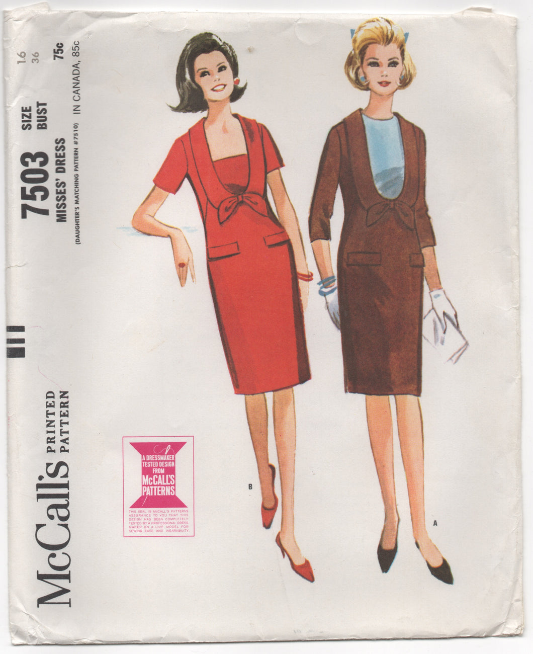 1960's McCall's One Piece Dress, with Drop Collar and Bow and Dickey Pattern - Bust 36