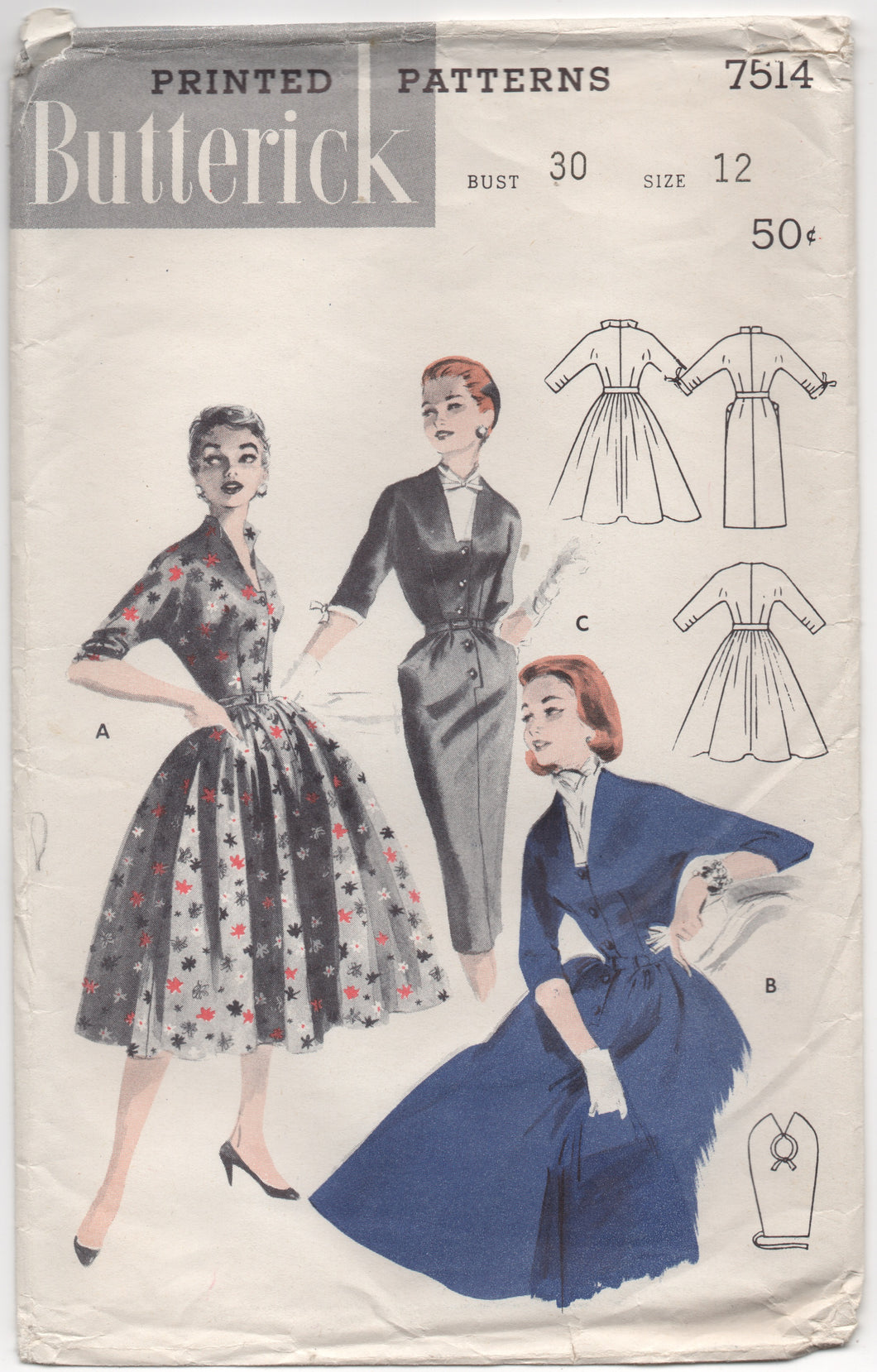 1950's Butterick Fit and Flare or Sheath Dress with Pockets Pattern - Bust 30