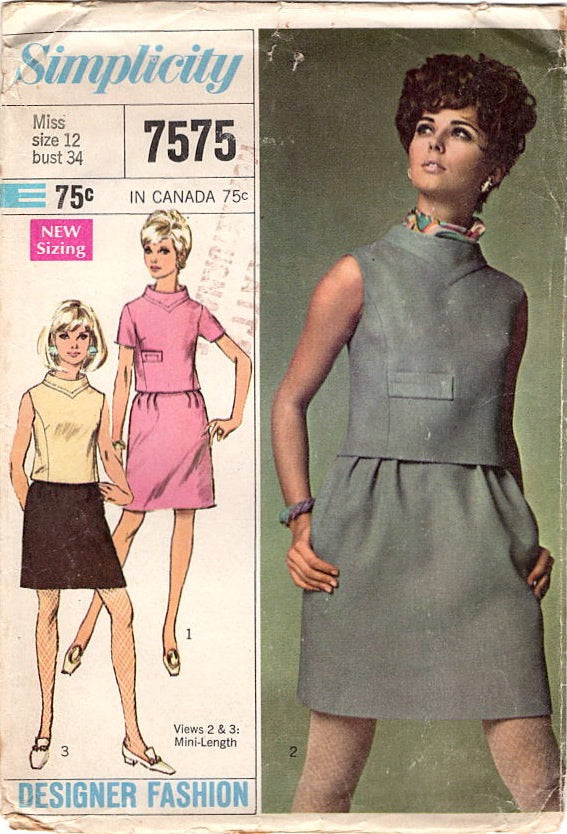 1960's Simplicity Designer Two Piece Mini Dress pattern with Structured Collar and Welt Pocket - Bust 34" - No. 7575