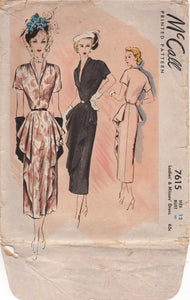 1940's McCall One Piece Dress with Accent Drape on Front Skirt and Rolled Collar - Bust 30" - No. 7615