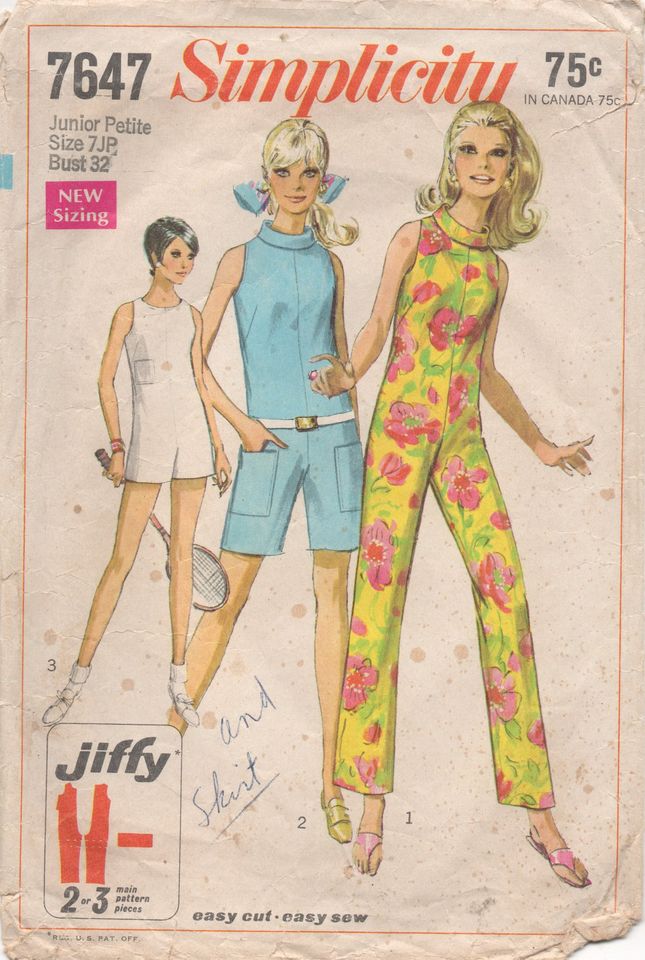 1960's Simplicity Sleeveless Romper wit Mandarin Collar - Bust 32" - No. 7647