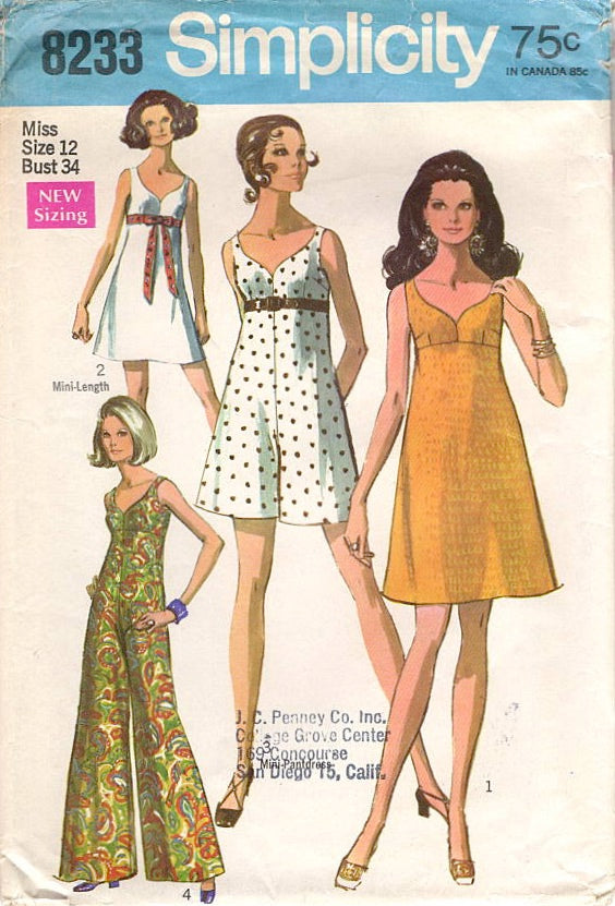 1960's Simplicity Empire Waist Mini Dress and Romper or Jumpsuit Pants - Bust 34