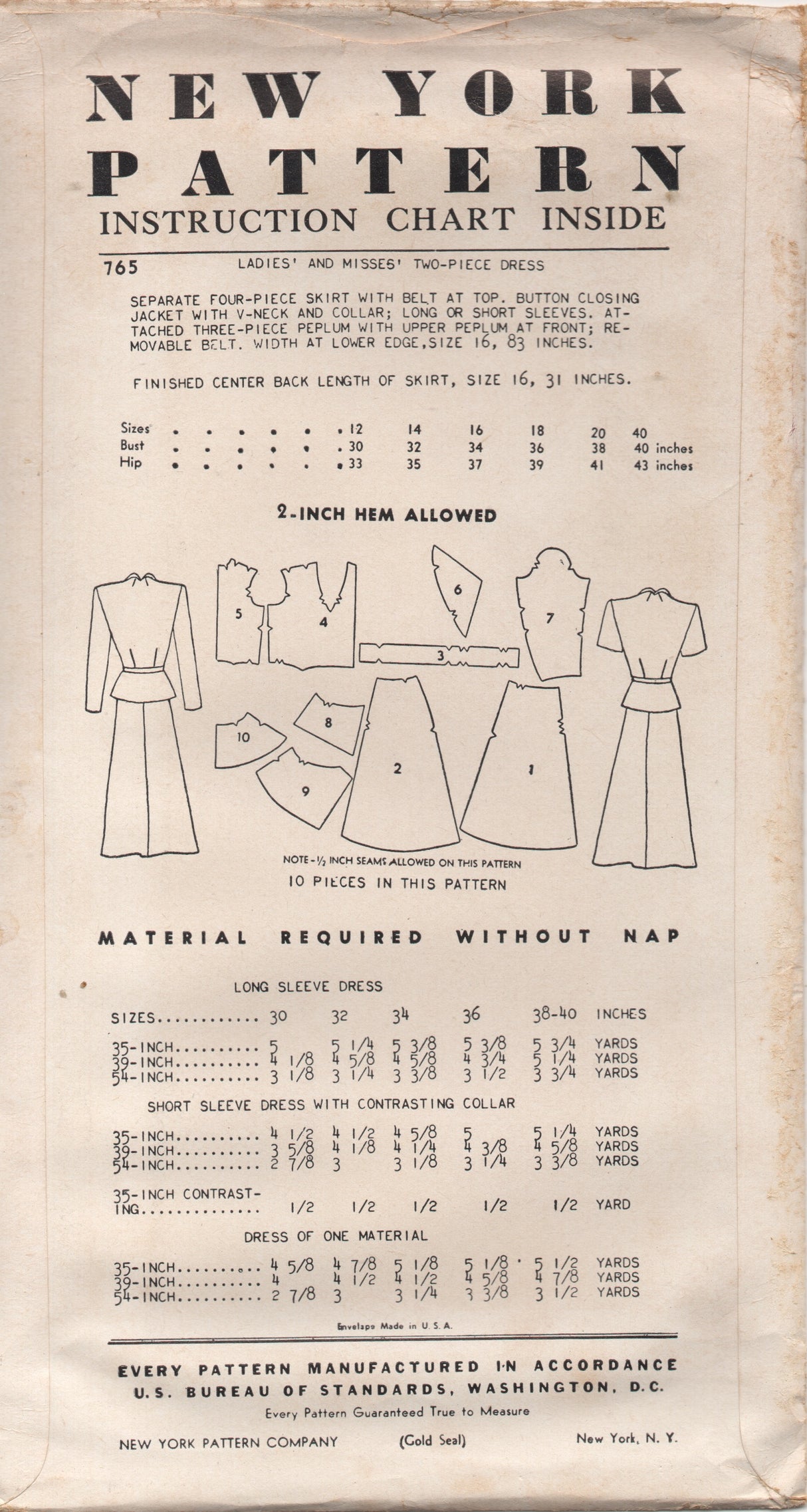 1950's New York Two Piece Dress with Single or Double Peplum - Bust 32" - No. 765