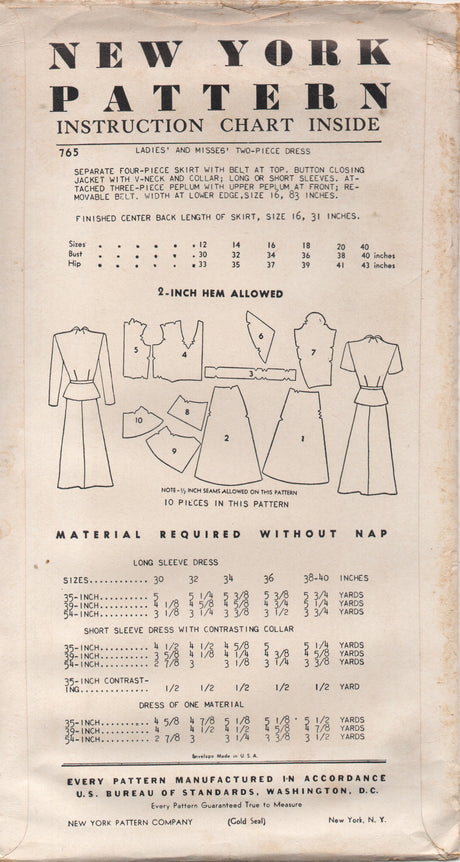 1950's New York Two Piece Dress with Single or Double Peplum - Bust 32" - No. 765