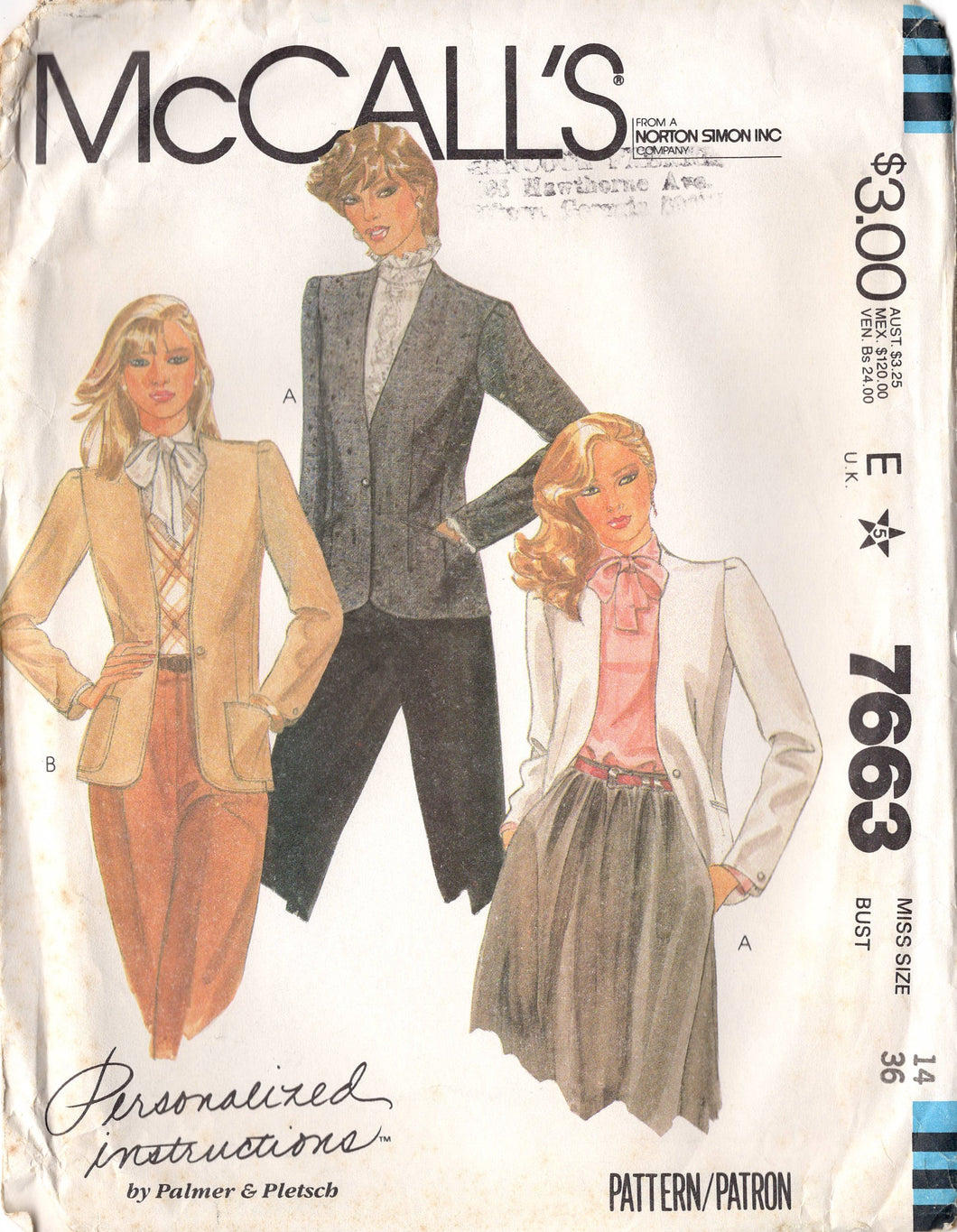 1980's McCall's Palmer & Pletsch Blazer Pattern - Bust 36