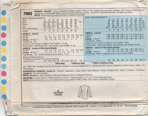 1980's McCall's Palmer & Pletsch Blazer Pattern - Bust 31.5" - no. 7663