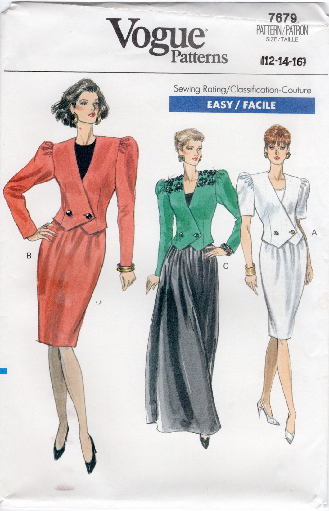 1980's Vogue Double Breasted Jacket and Sheath or Maxi Skirt Pattern - Bust 34-36-38