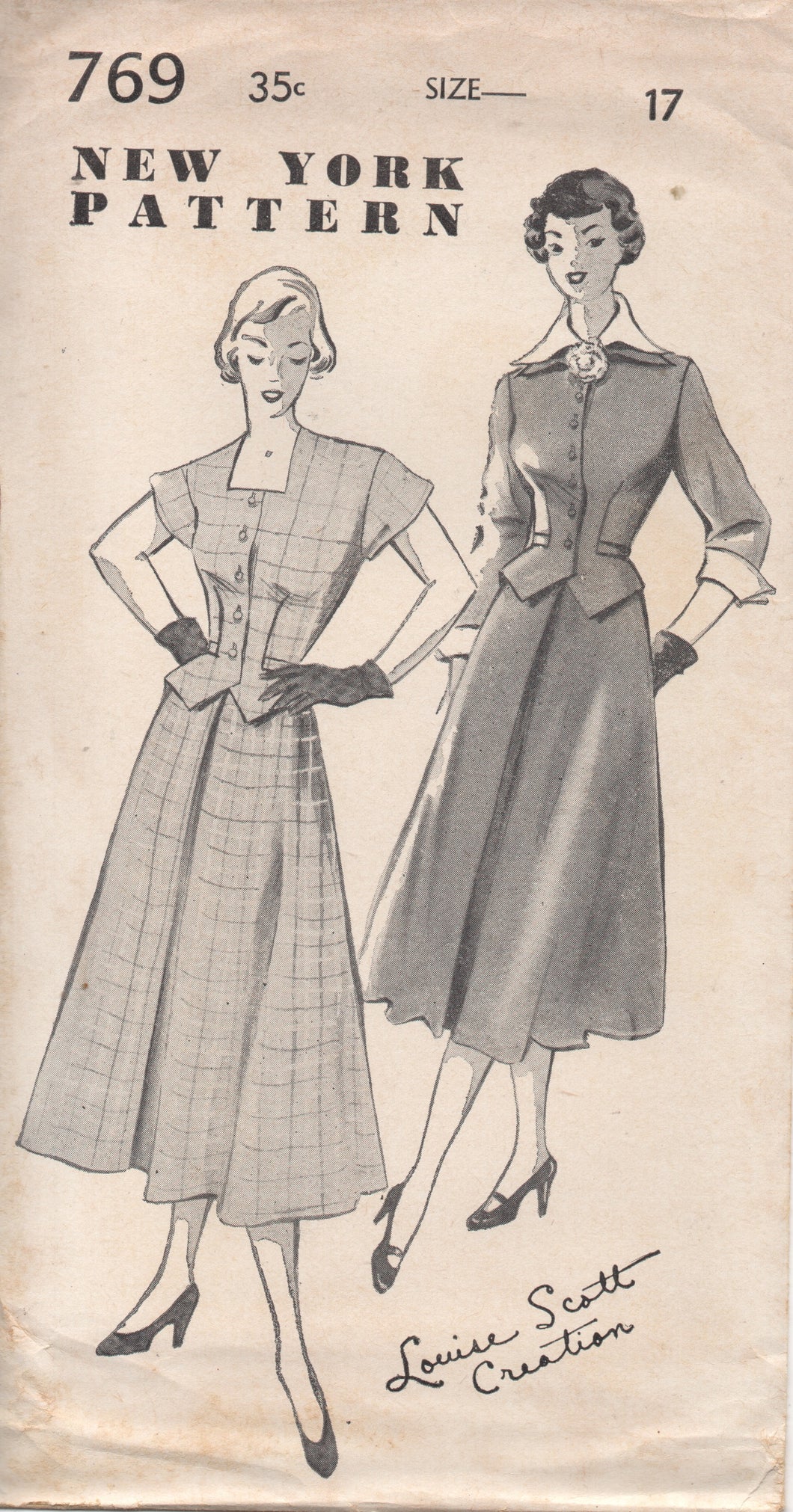 1950's New York Two Piece Dress with Drop Down Front and Double Collar - Bust 35
