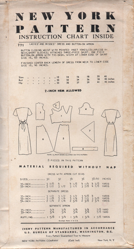 1950's New York Shirtwaist Dress with Triangular Yoke and Attachable Apron - Bust 32" - UC/FF - No. 771