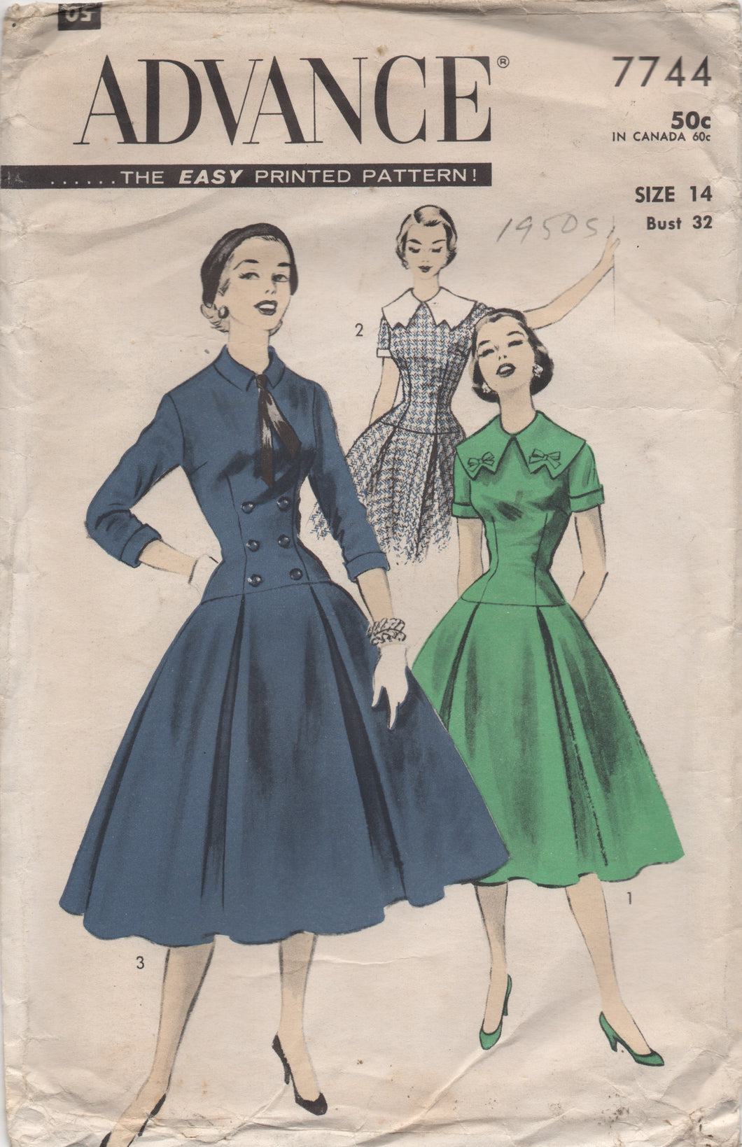 1950's Advance One Piece Drop Waist Dress with Two Collar Styles - Bust 32