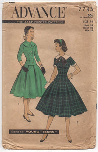 1950's Advance Two Piece Dress with Fitted Top and Pleated Skirt - Bust 32" - No. 7745