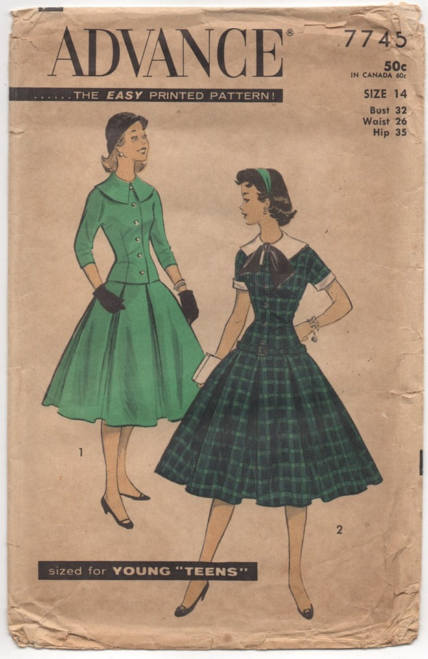 1950's Advance Two Piece Dress with Fitted Top and Pleated Skirt - Bust 32