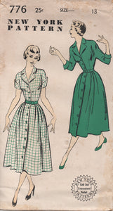 1950's New York One Piece Button Up Dress with Two Sleevelengths - Bust 31" - No. 776